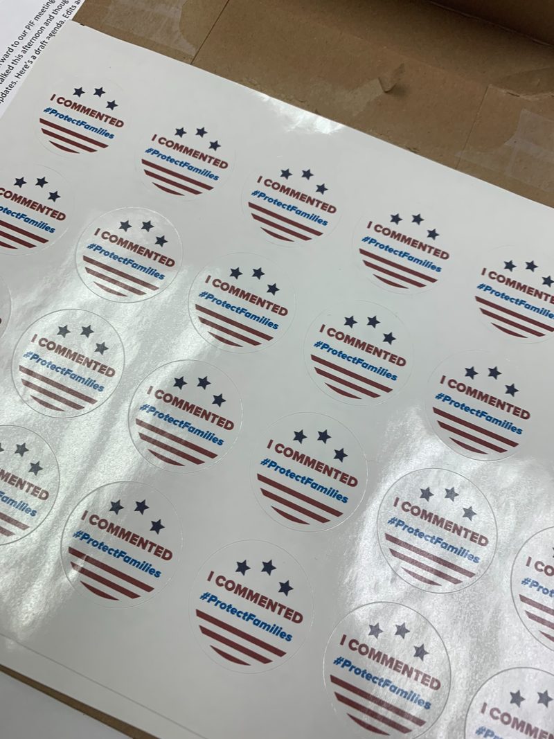 A sheet of campaign stickers reading I COMMENTED,
                    hashtag ProtectFamilies