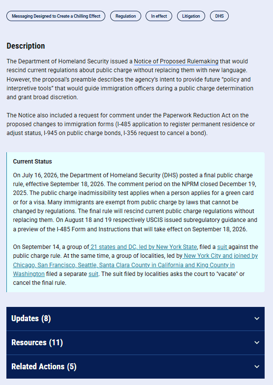 A single tracker record for the USCIS public charge
                      rule, showing a description, a current status
                      narrative, and counts of eight updates, eleven
                      resources and five related actions