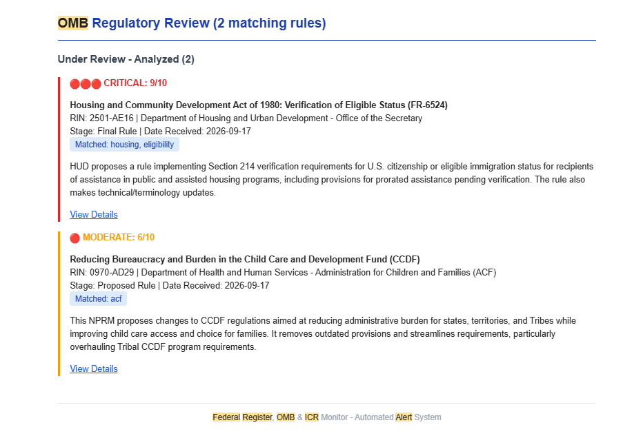 A digest from the monitor showing two rules under OMB
                  review, one scored critical at 9 out of 10 and one moderate
                  at 6 out of 10, each with its RIN, agency, stage and a
                  plain-language summary