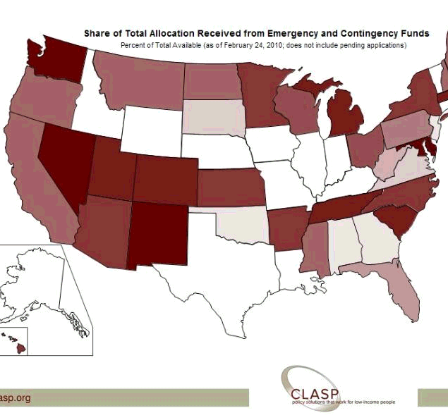 A map of the United States shaded by each state's share of
                    the total allocation received from the TANF Emergency
                    Contingency Fund as of February 2010